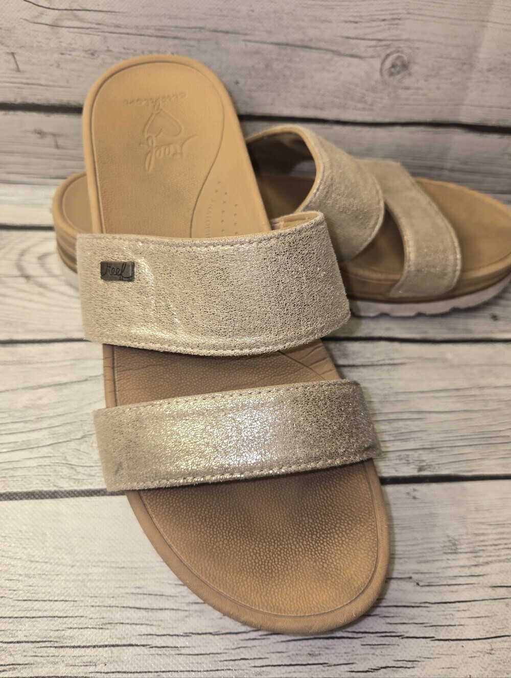 Reef Metallic Gold Double Strap Slide Sandals Women’s